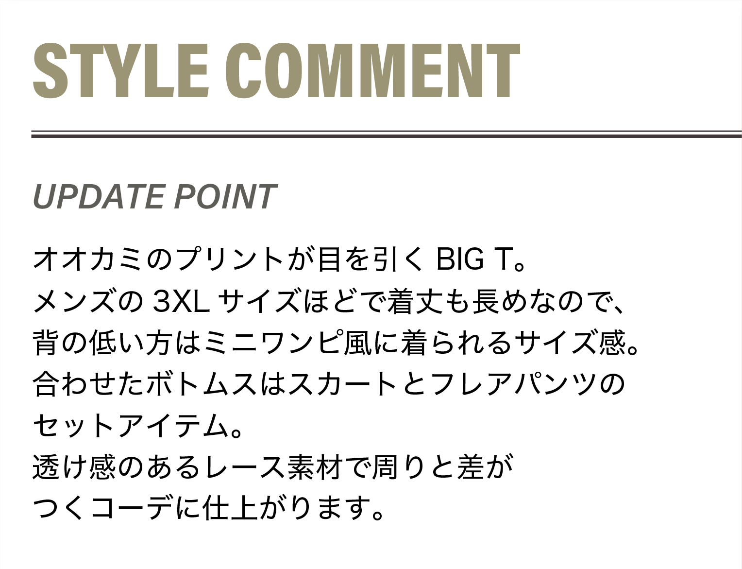 オオカミのプリントが目を引くBIG T。メンズの3XLサイズほどで着丈も長めなので、背の低い方はミニワンピ風に着られるサイズ感。合わせたボトムスはスカートとフレアパンツのセットアイテム。透け感のあるレース素材で周りと差がつくコーデに仕上がります。