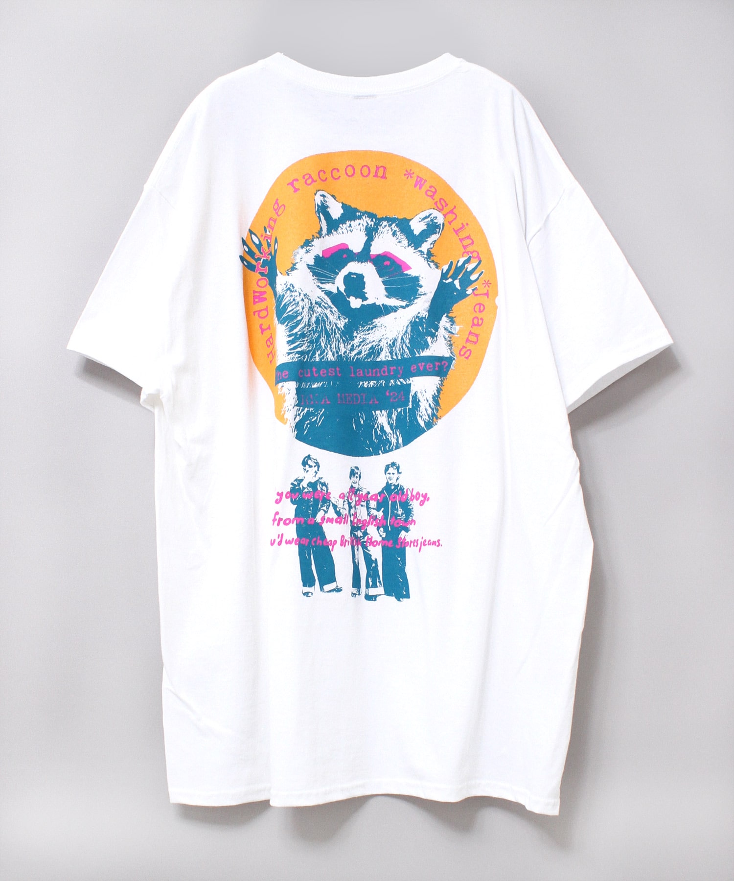 M2126 RNAアライグマプリントTシャツ(M ホワイト/ネイビーロゴ  