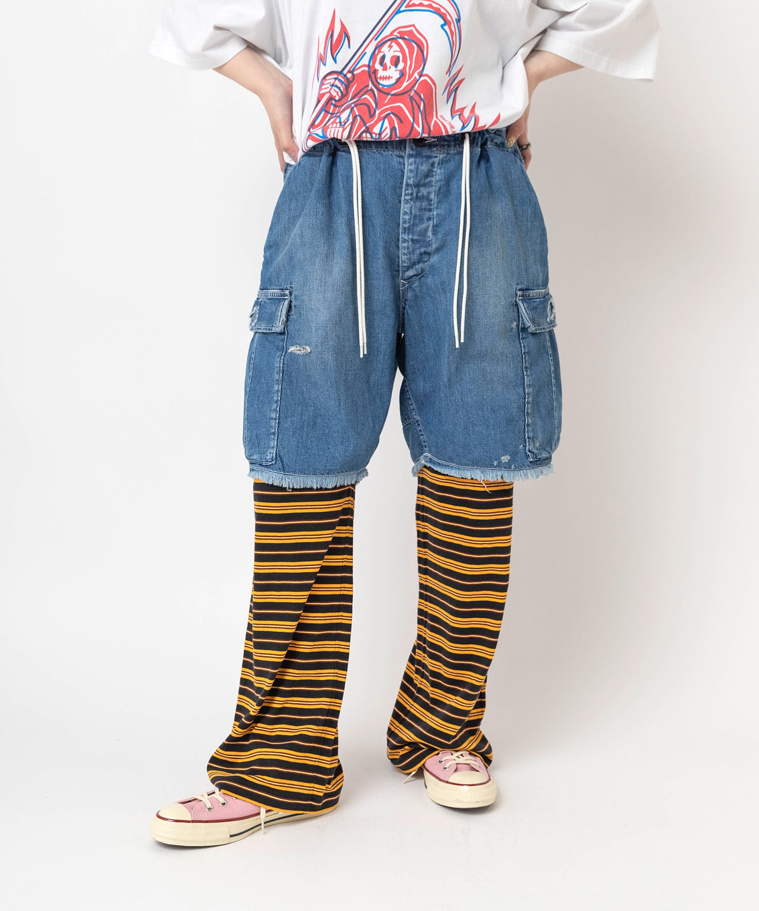 4月中旬納期】R4446 マルチボーダーイージーパンツ(M ブラック