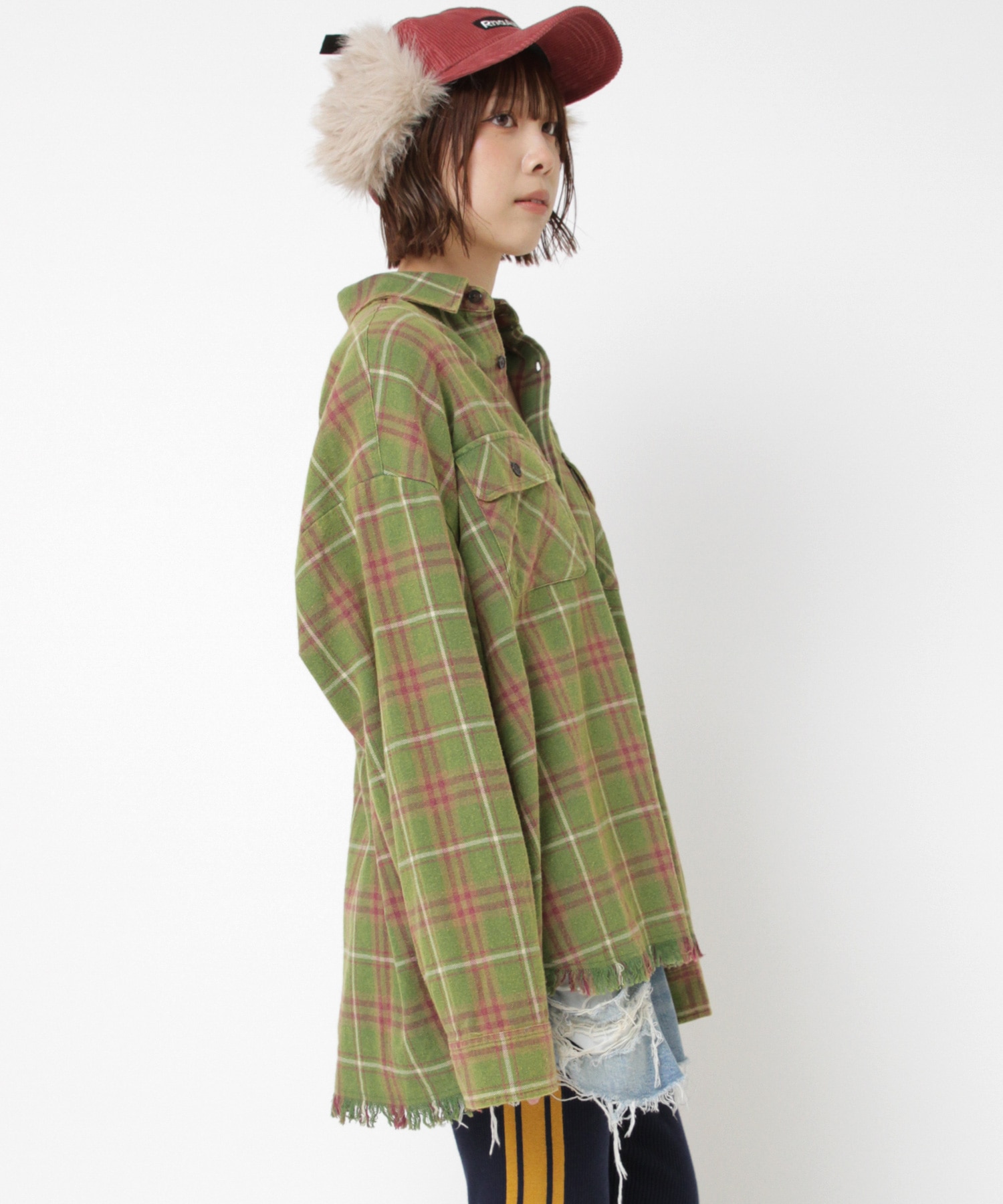 れな商品 B2931 フリンジチェックシャツ(M ブルーチェック): トップス