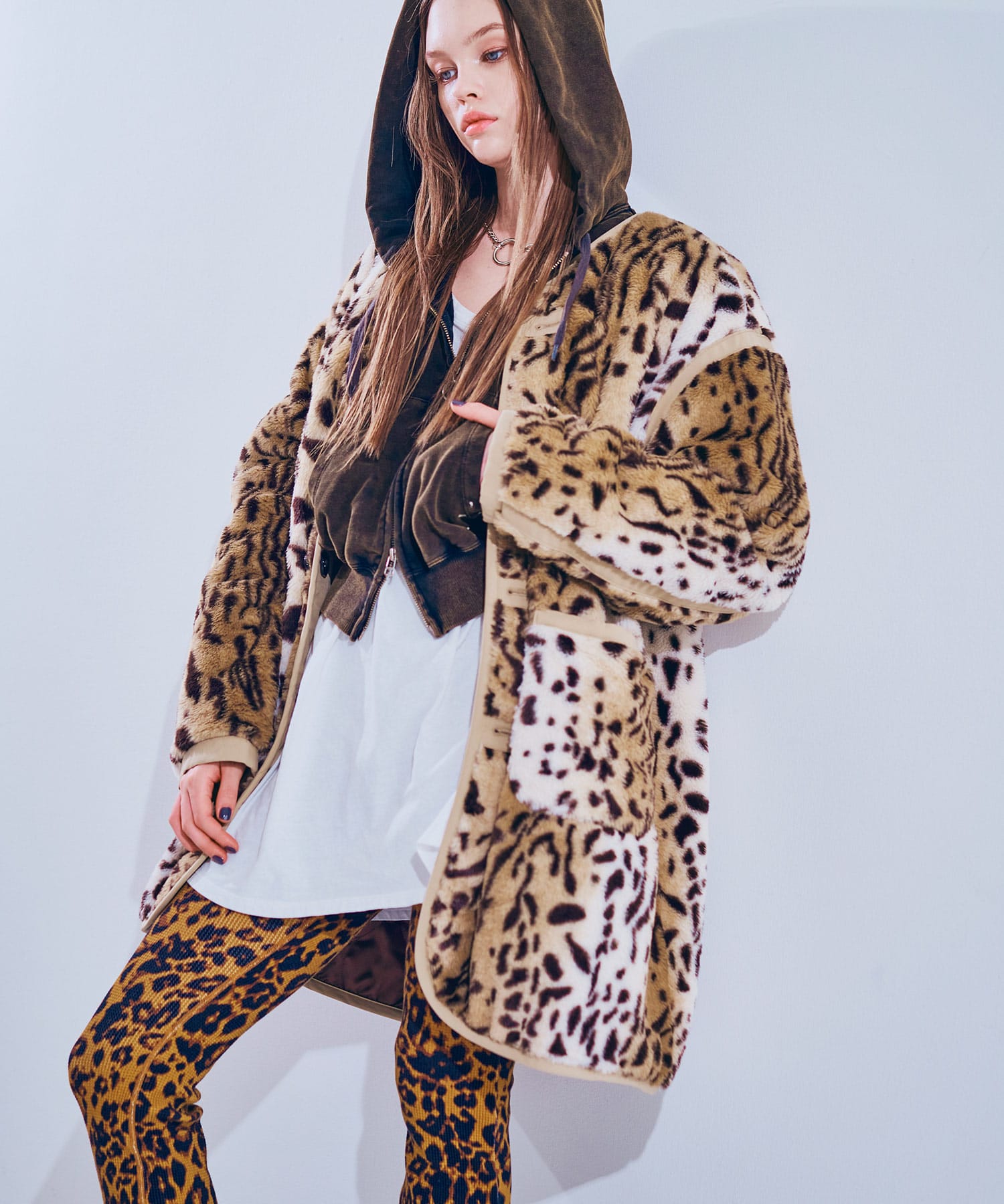 ジェーンマープル　トレンチコート　ライナー総柄　ファー　レオパード　2way C0788 アニマルファーコート(M アイボリーレオパード): アウター - RNA