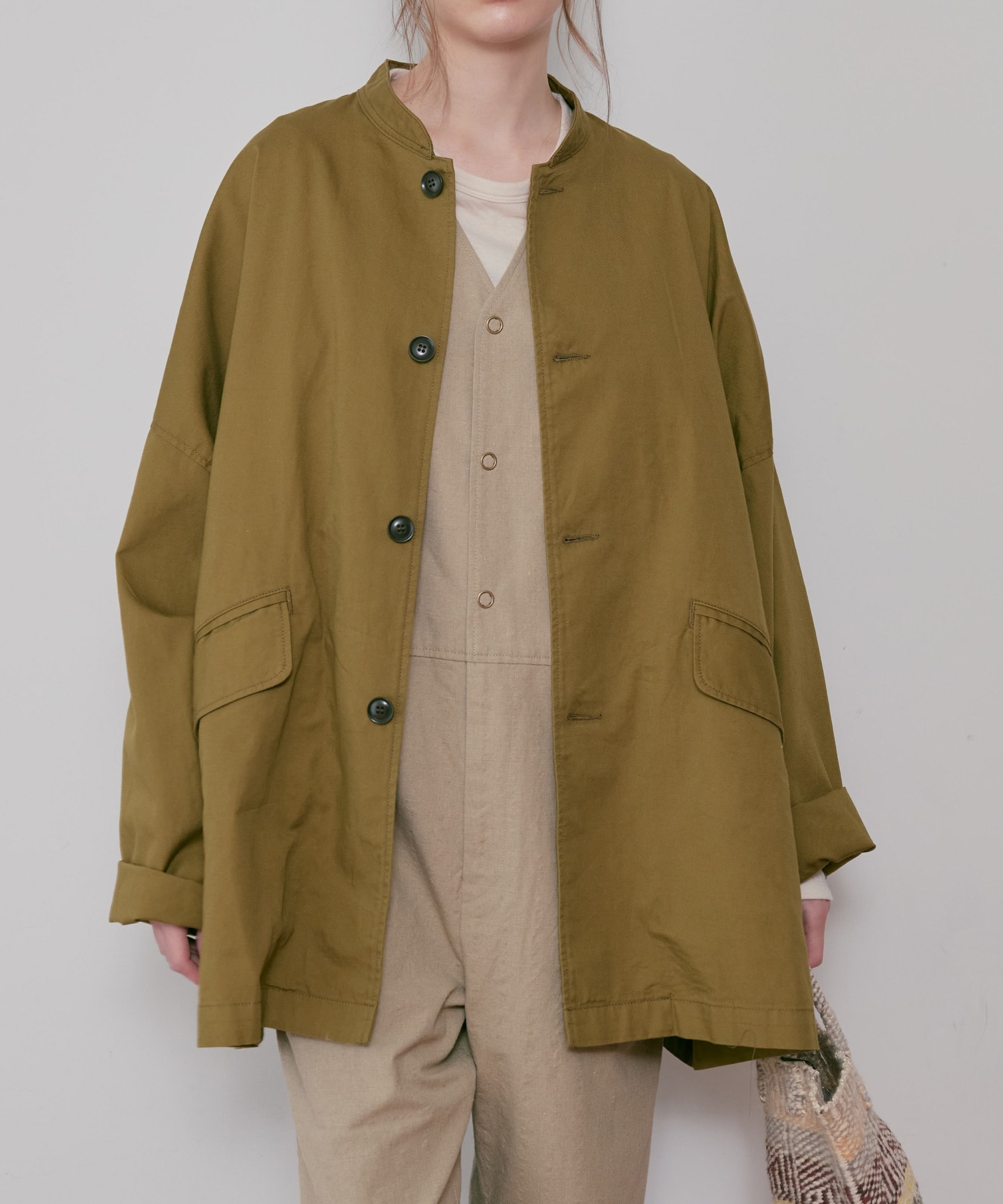 J2144 スタンドカラーロングジャケット(F パープルグレー