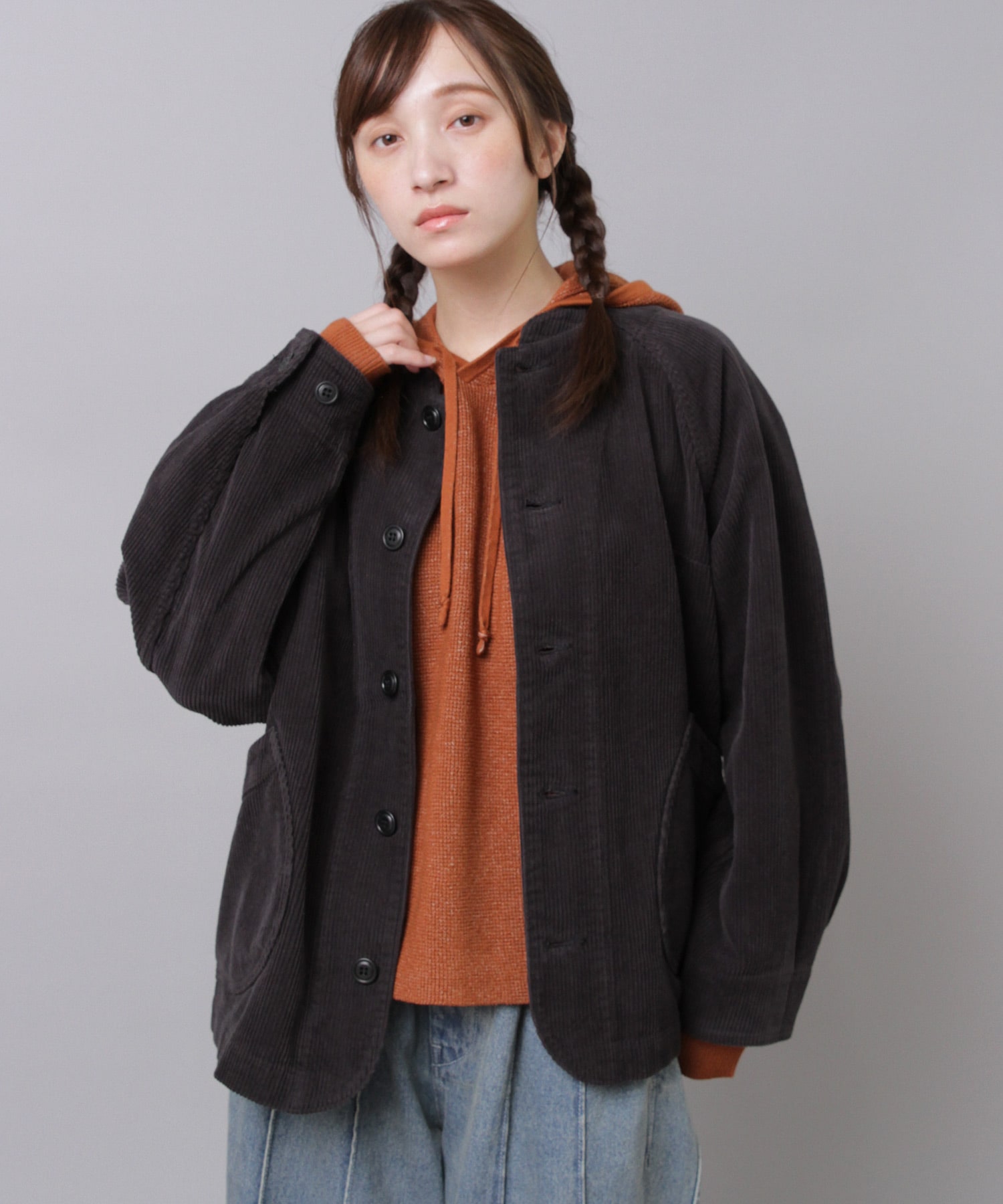 J2155 コーデュロイの丸ポケワークジャケット(F ブラック