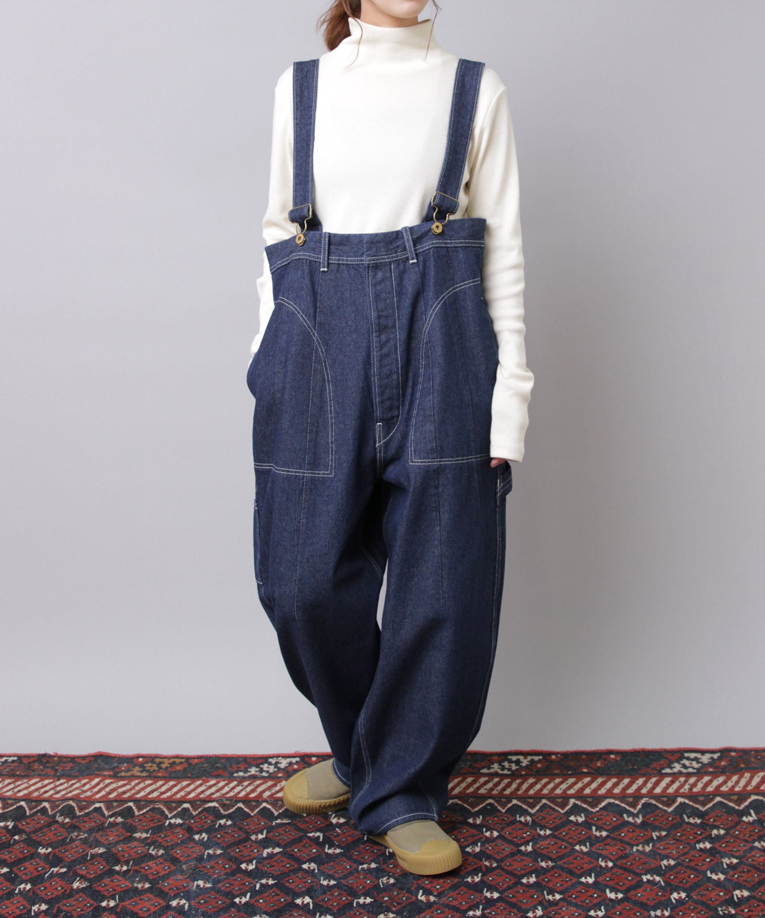 O0747 カルゼデニムのサスペンダーパンツ(F デニムONE WASH