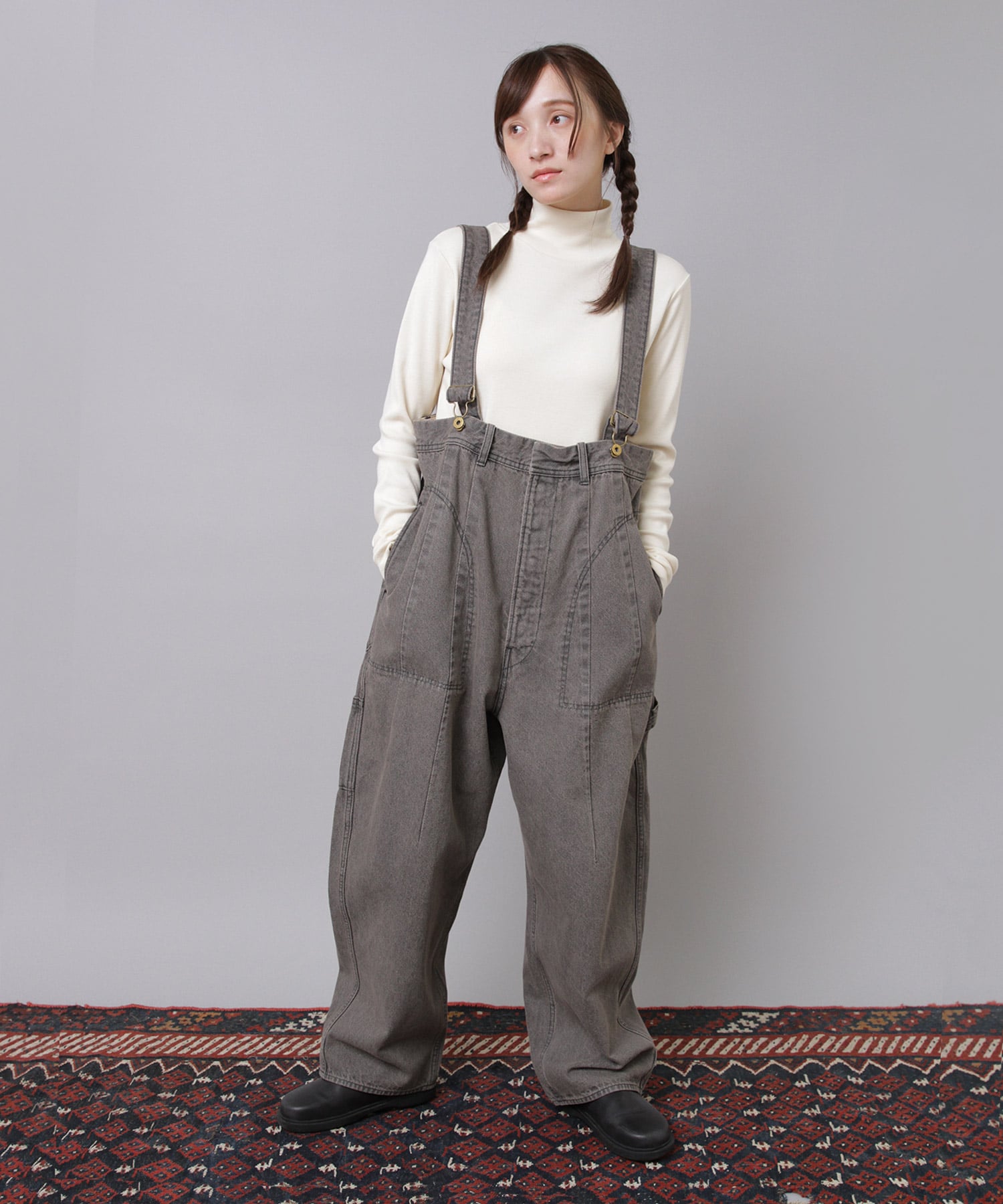 O0747 カルゼデニムのサスペンダーパンツ(F デニムONE WASH