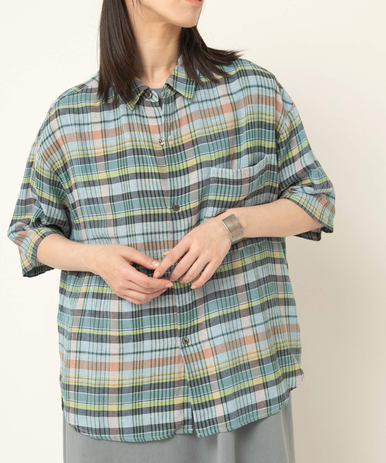 B2913 マドラスチェック半袖シャツ