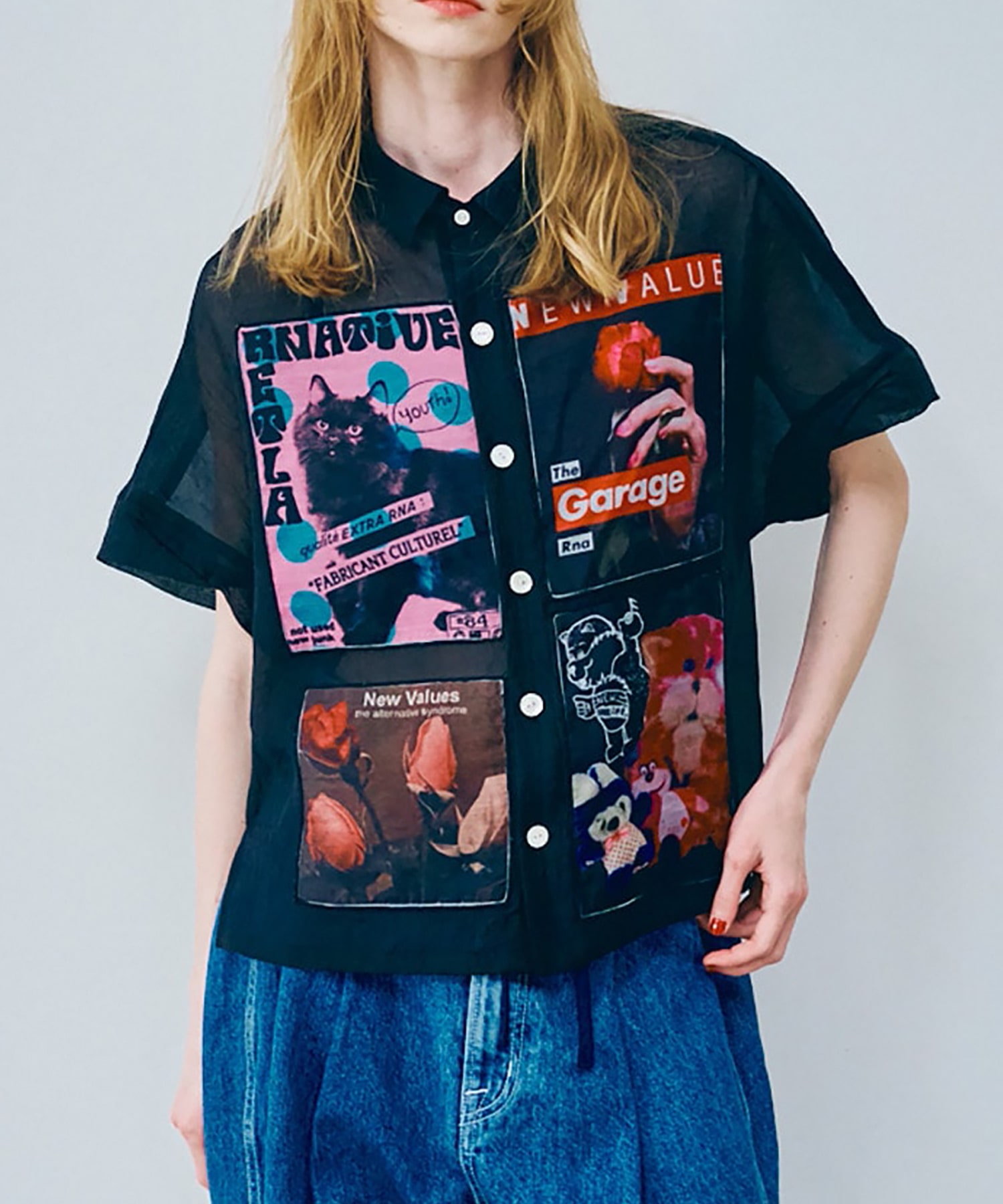 B2924 プリントパッチシアーシャツ