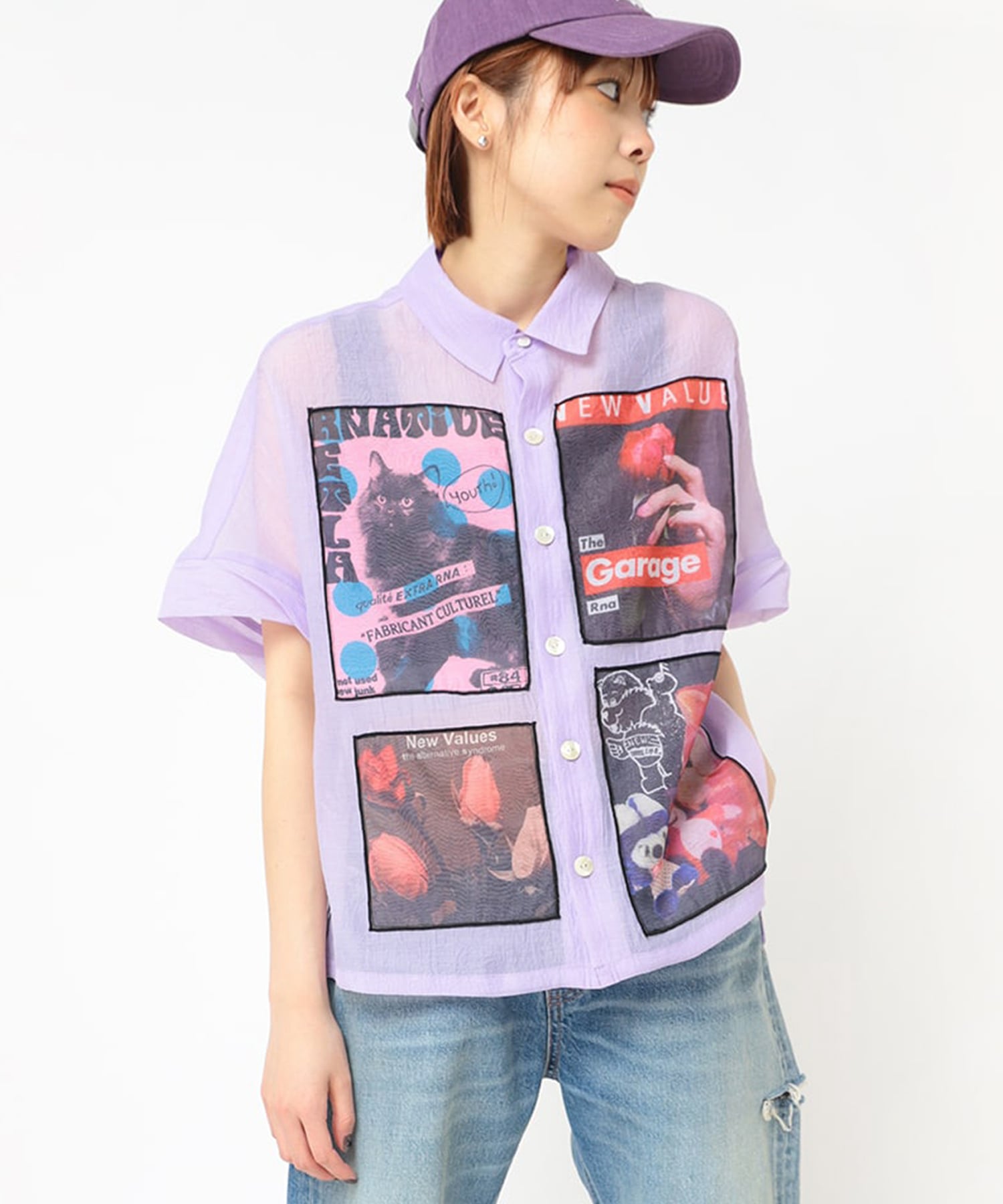 B2924 プリントパッチシアーシャツ