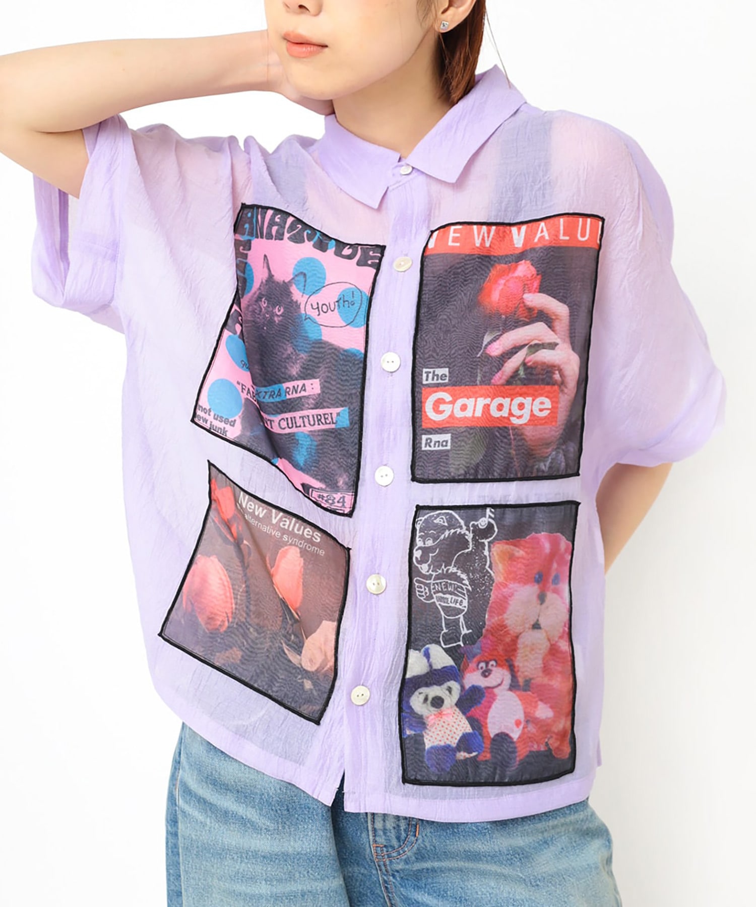 B2924 プリントパッチシアーシャツ