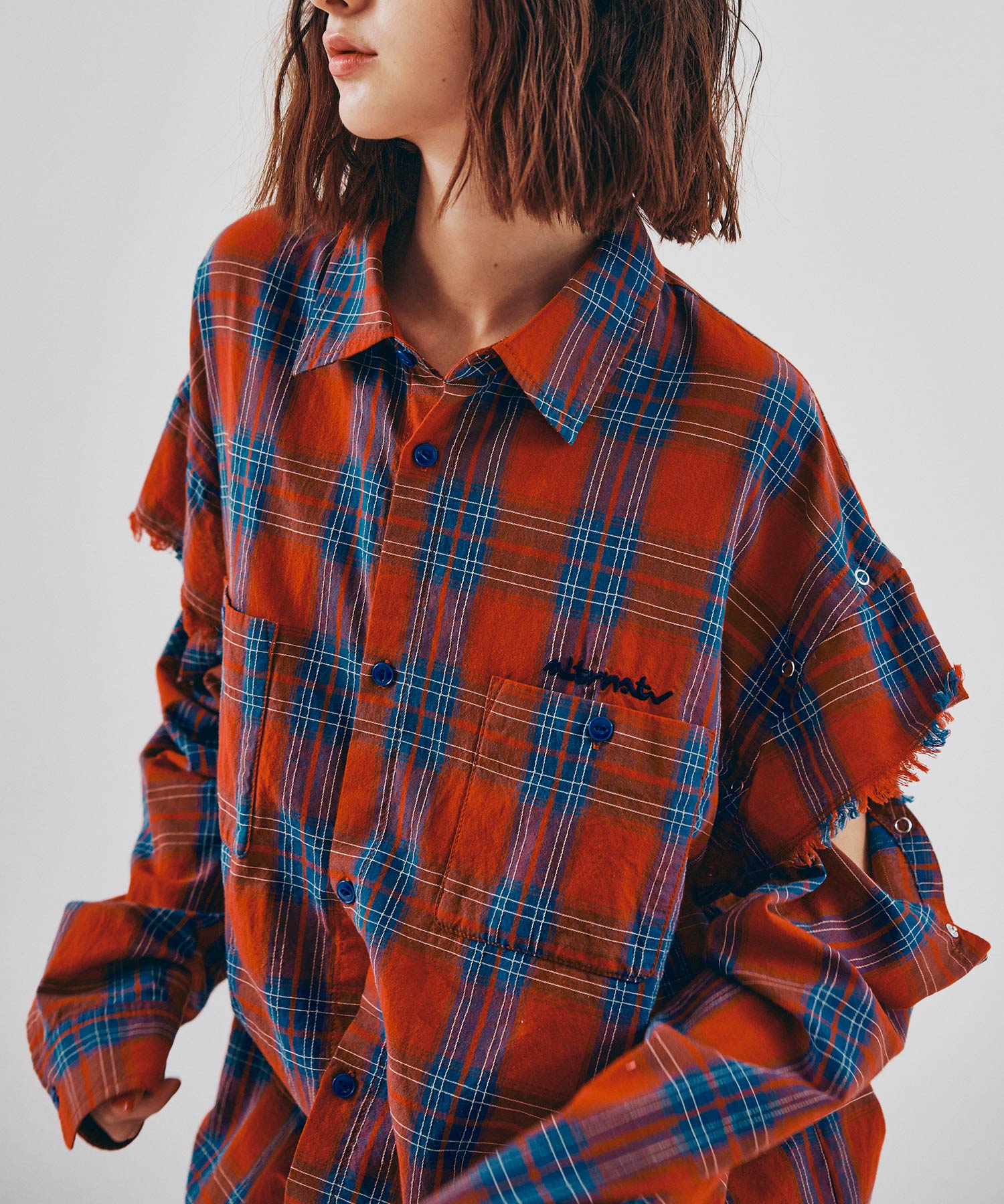 B2941 レイヤードスリーブチェックシャツ