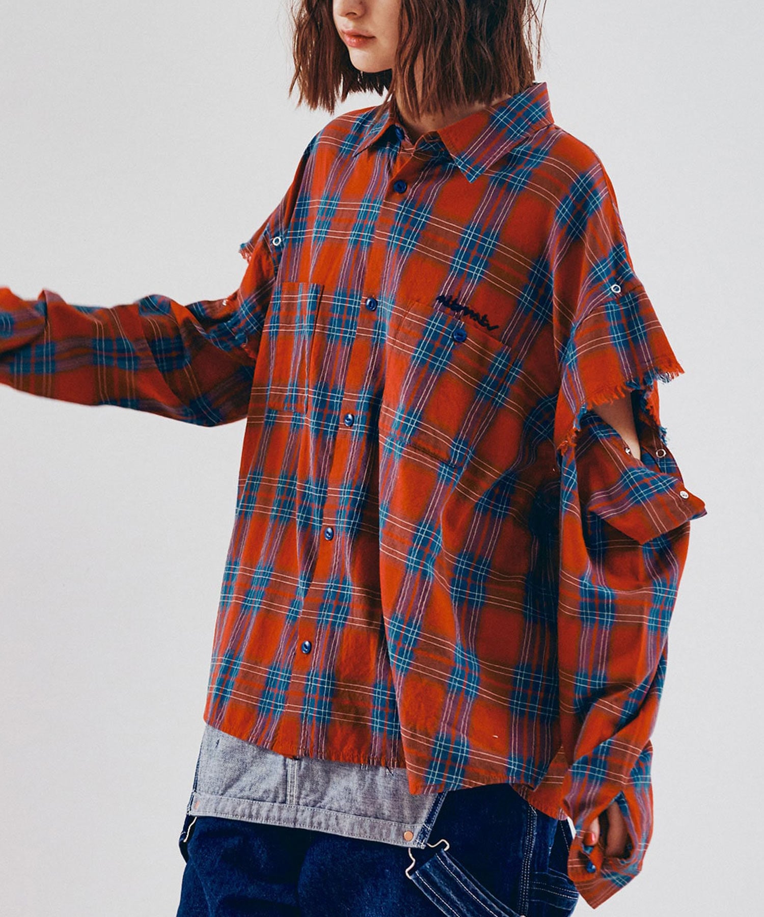 B2941 レイヤードスリーブチェックシャツ