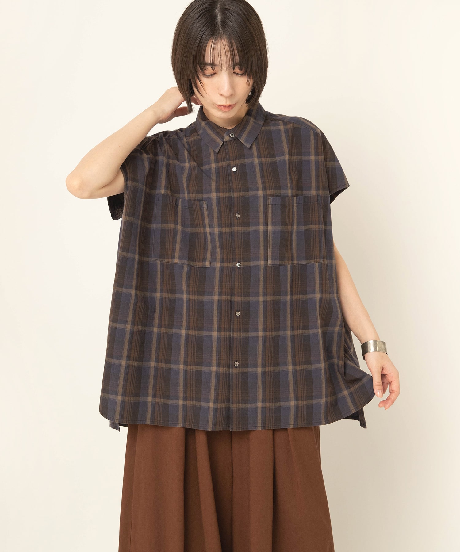 【7月上旬納期】B2972 ワッシャーチェックドロップショルダーシャツ