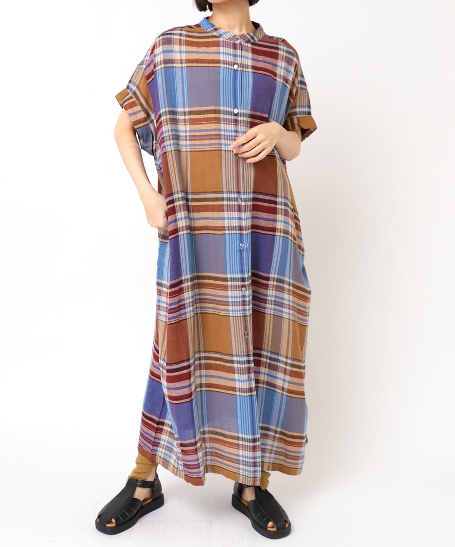 D1660 レーヨンリネンビッグマドラスワンピース