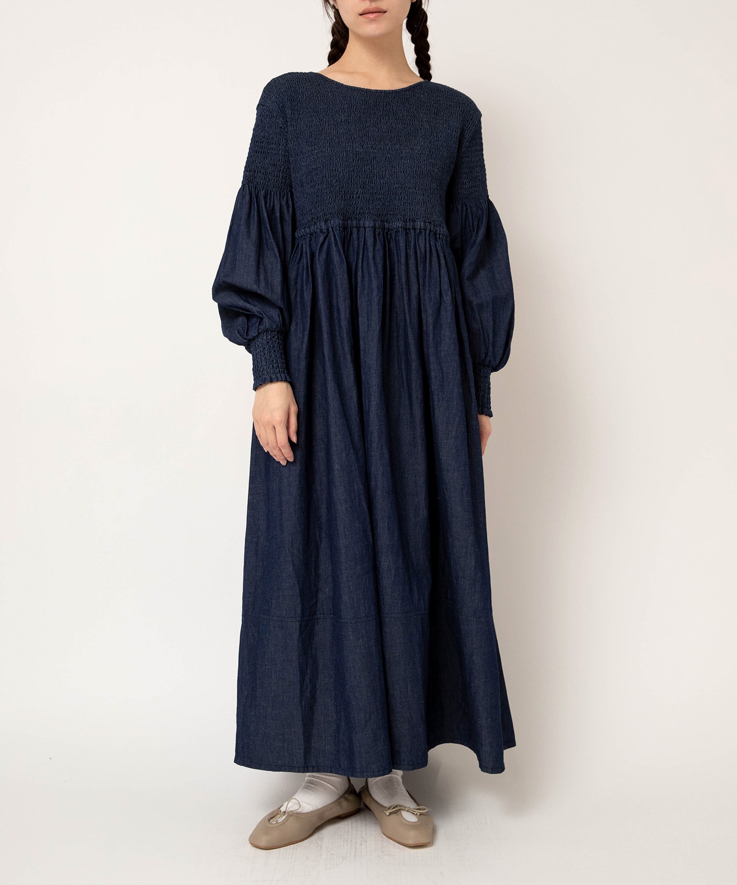 【3月中旬納期】D1687 4.5ozデニムシャーリングワンピース