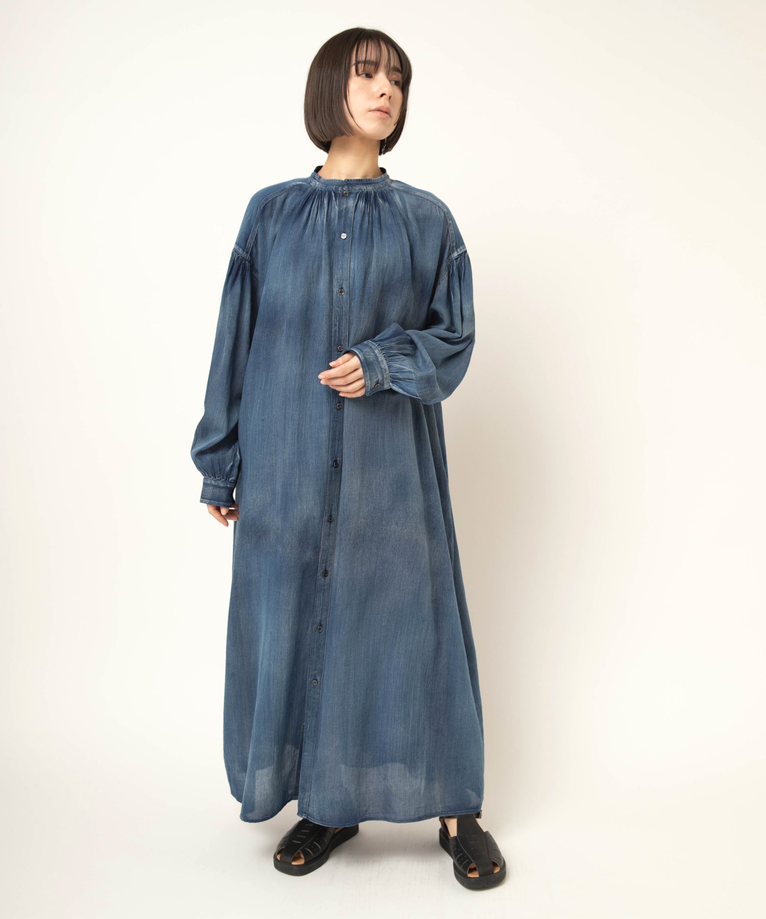 D1689 2.2ozデニムヴィンテージギャザーワンピース