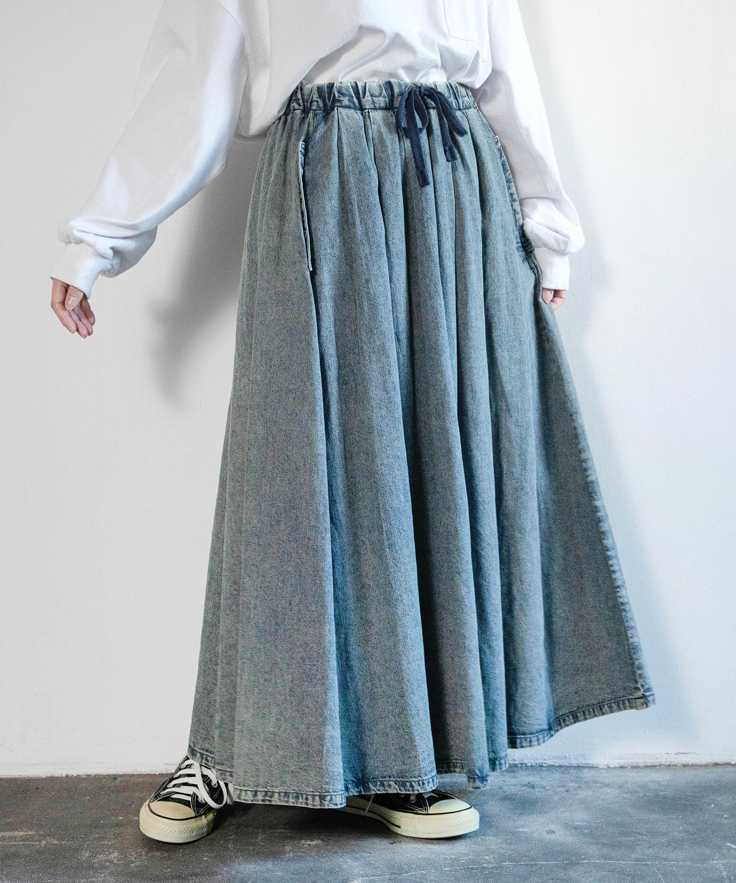 G1085 綿/麻デニムのプルオンロングスカート