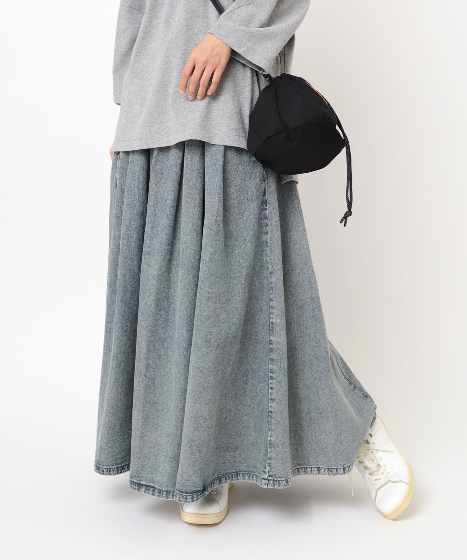 G1085 綿/麻デニムのプルオンロングスカート