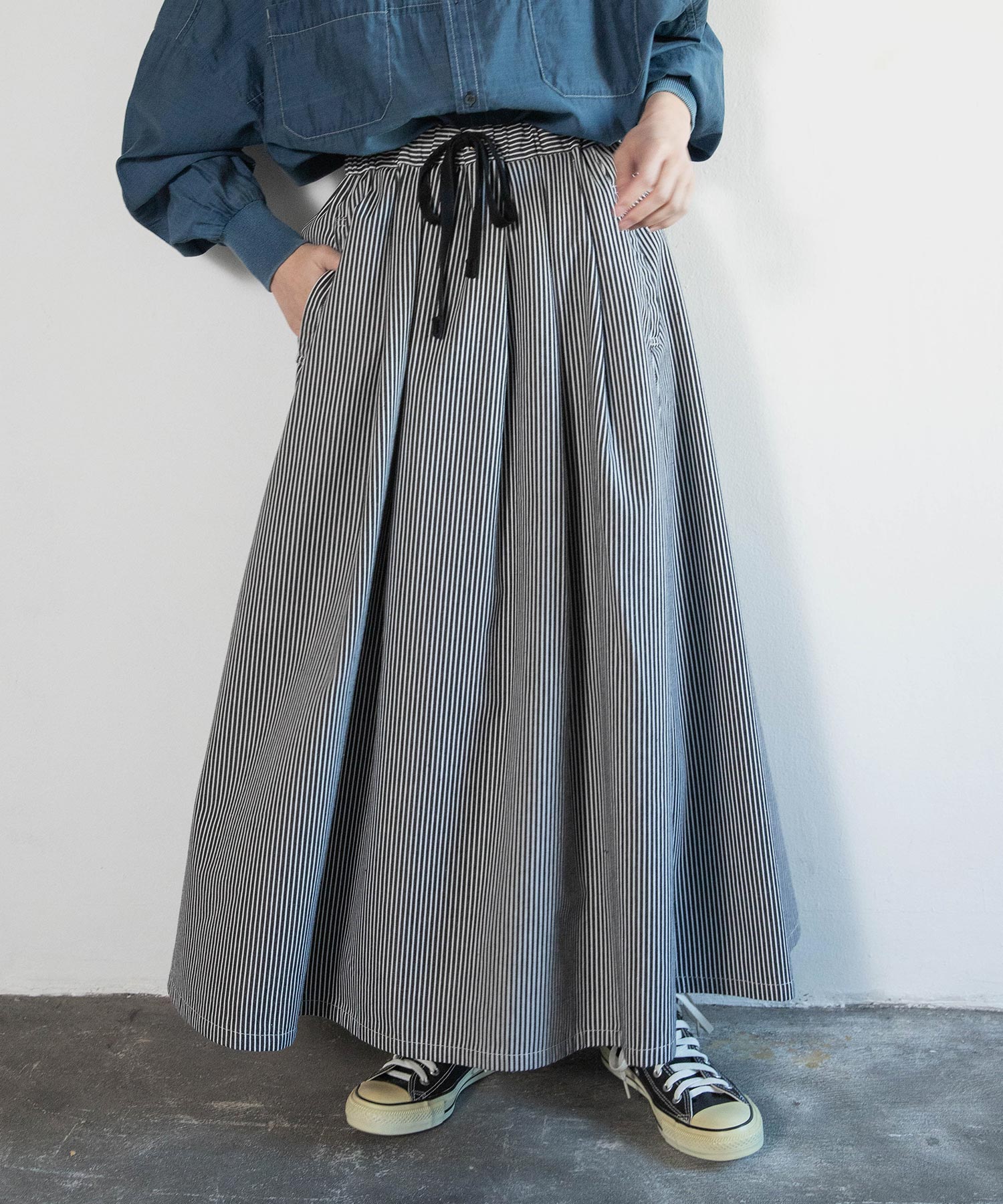 G1085 綿/麻デニムのプルオンロングスカート