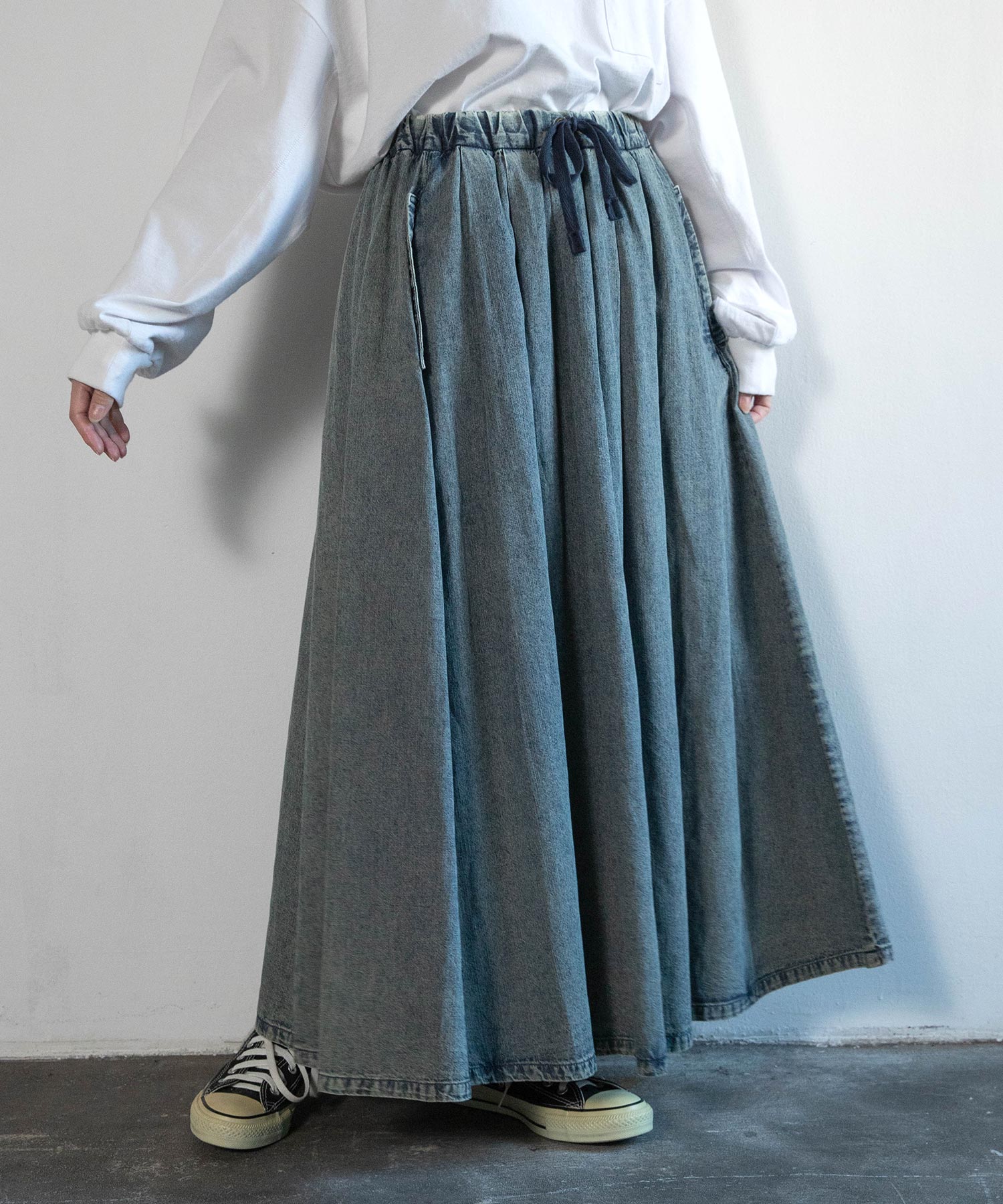 G1085 綿/麻デニムのプルオンロングスカート