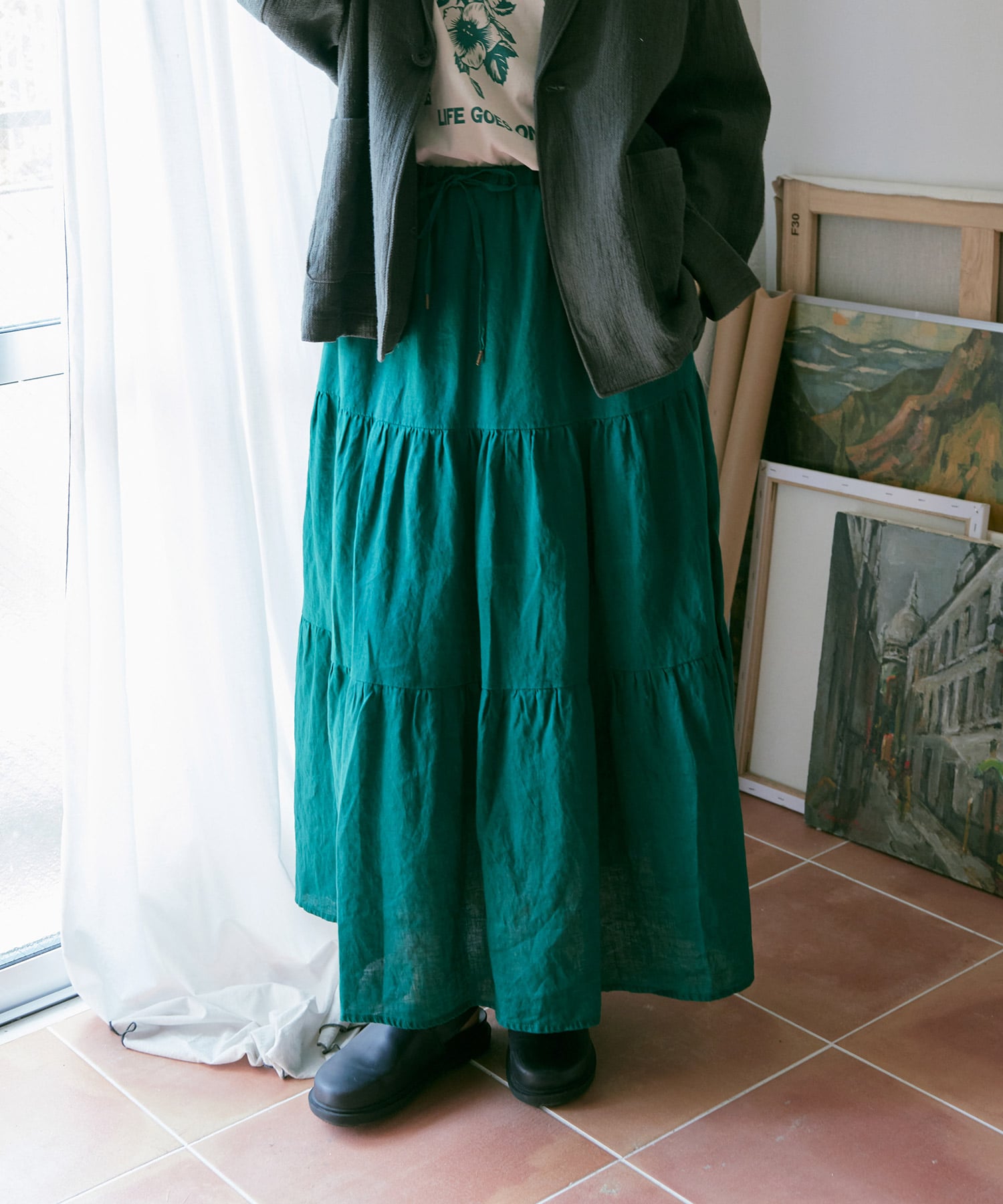 G1091 リネンロングティアードスカート