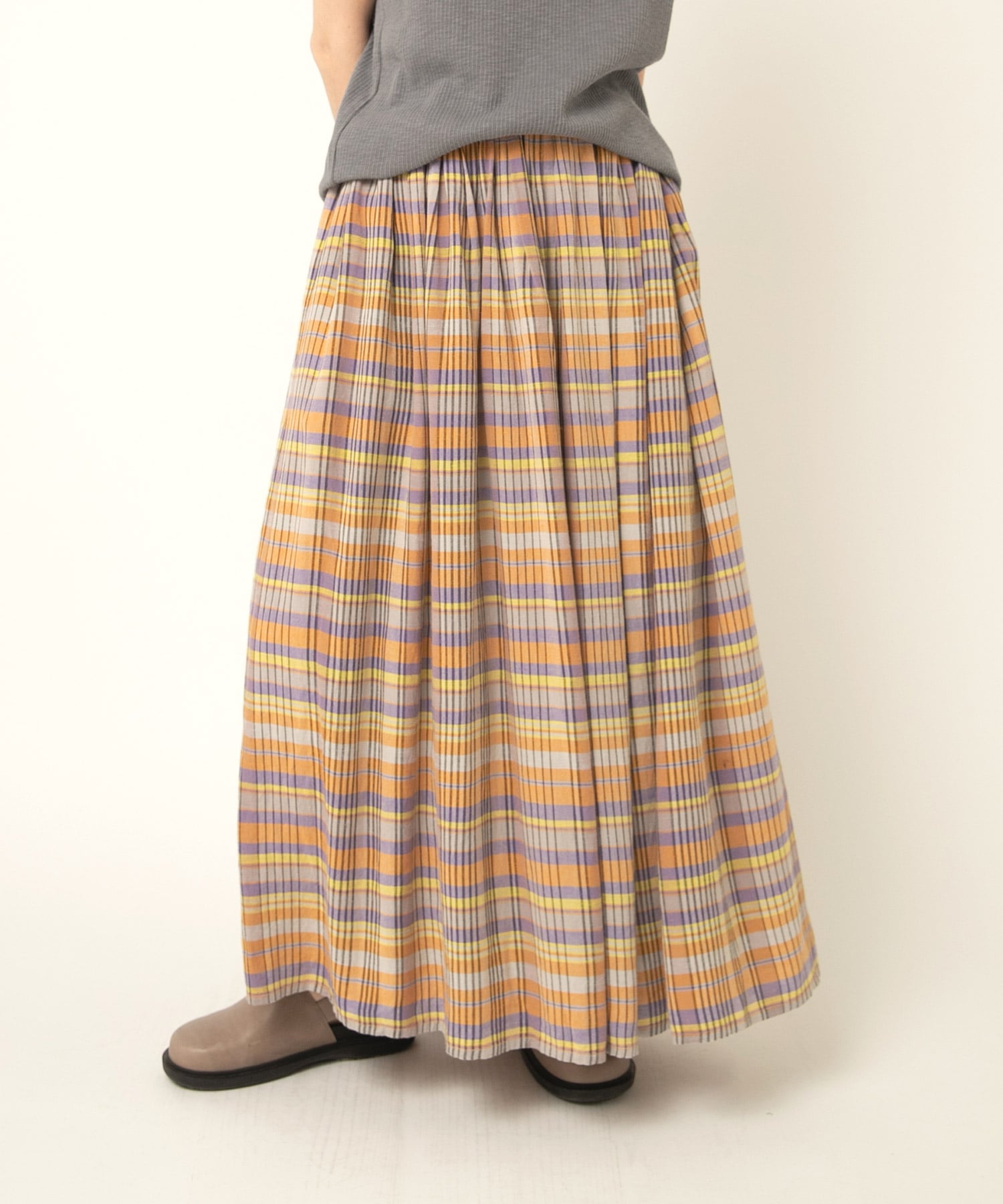 G1092 マドラスチェックタックギャザースカート