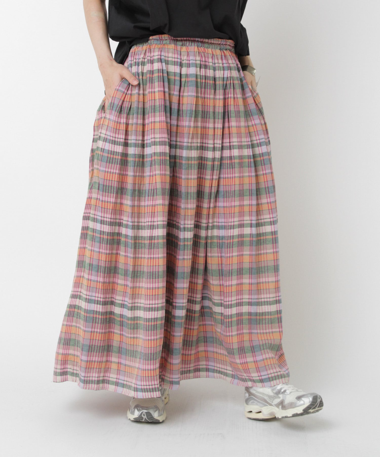 G1092 マドラスチェックタックギャザースカート