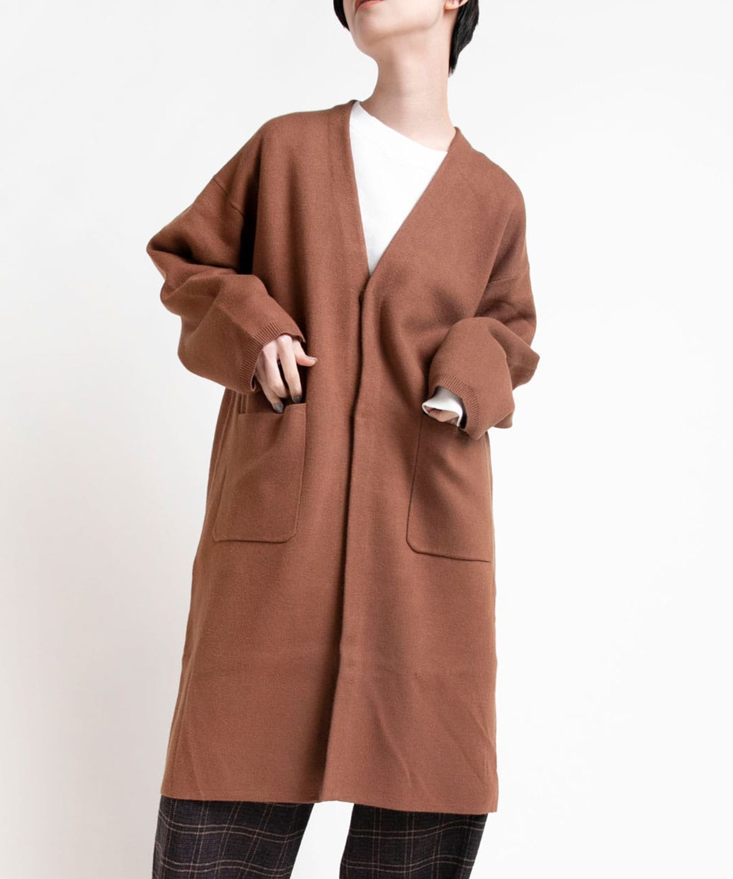 K2511 ノーカラーニットガウンコート