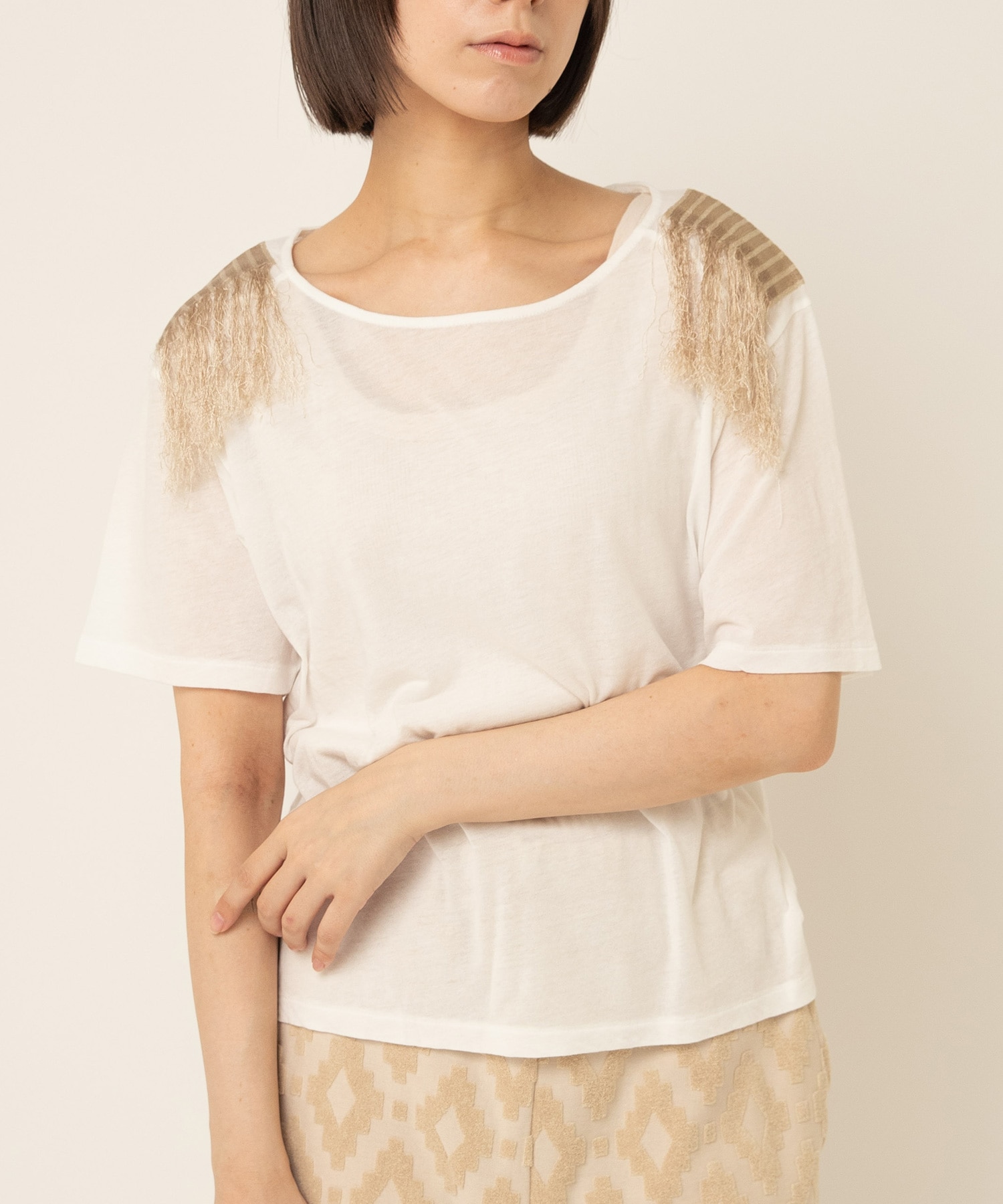 M0925 ショルダーフリンジTシャツ