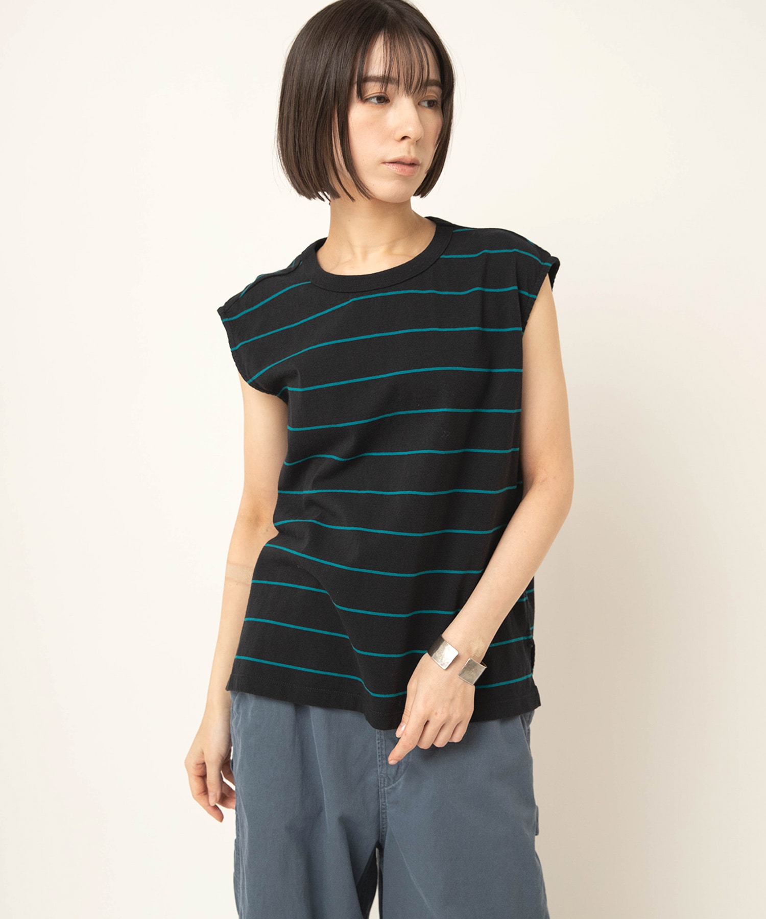 【6月上旬納期】M2655 21/-OE天竺ボーダーノースリ