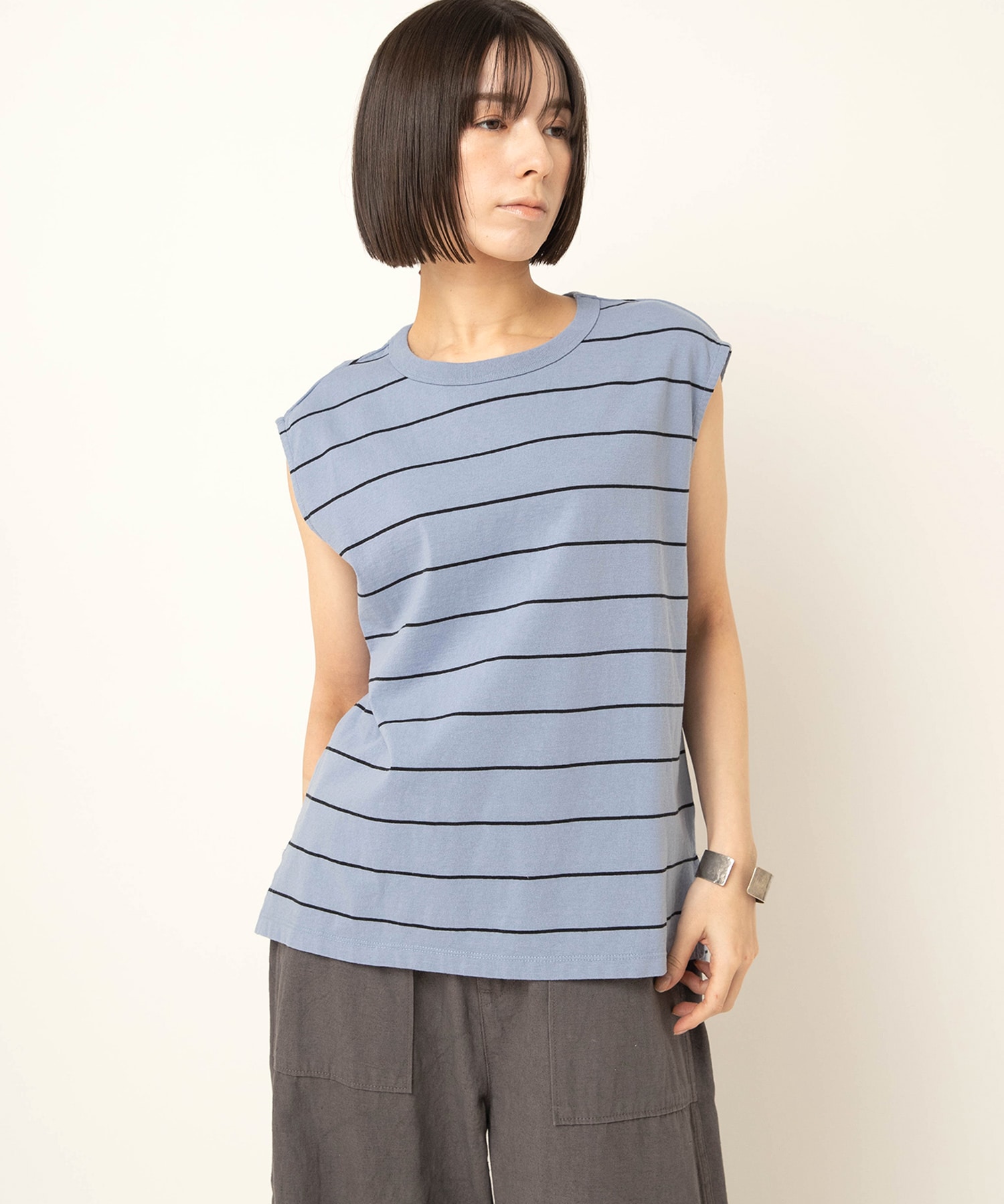 【6月上旬納期】M2655 21/-OE天竺ボーダーノースリ