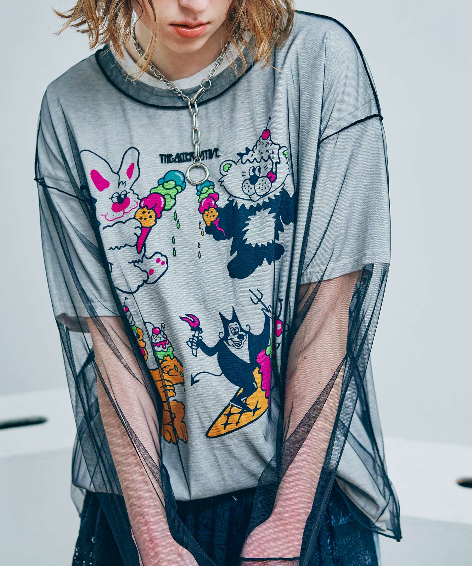 M2688 チュールメッシュルーズロンT