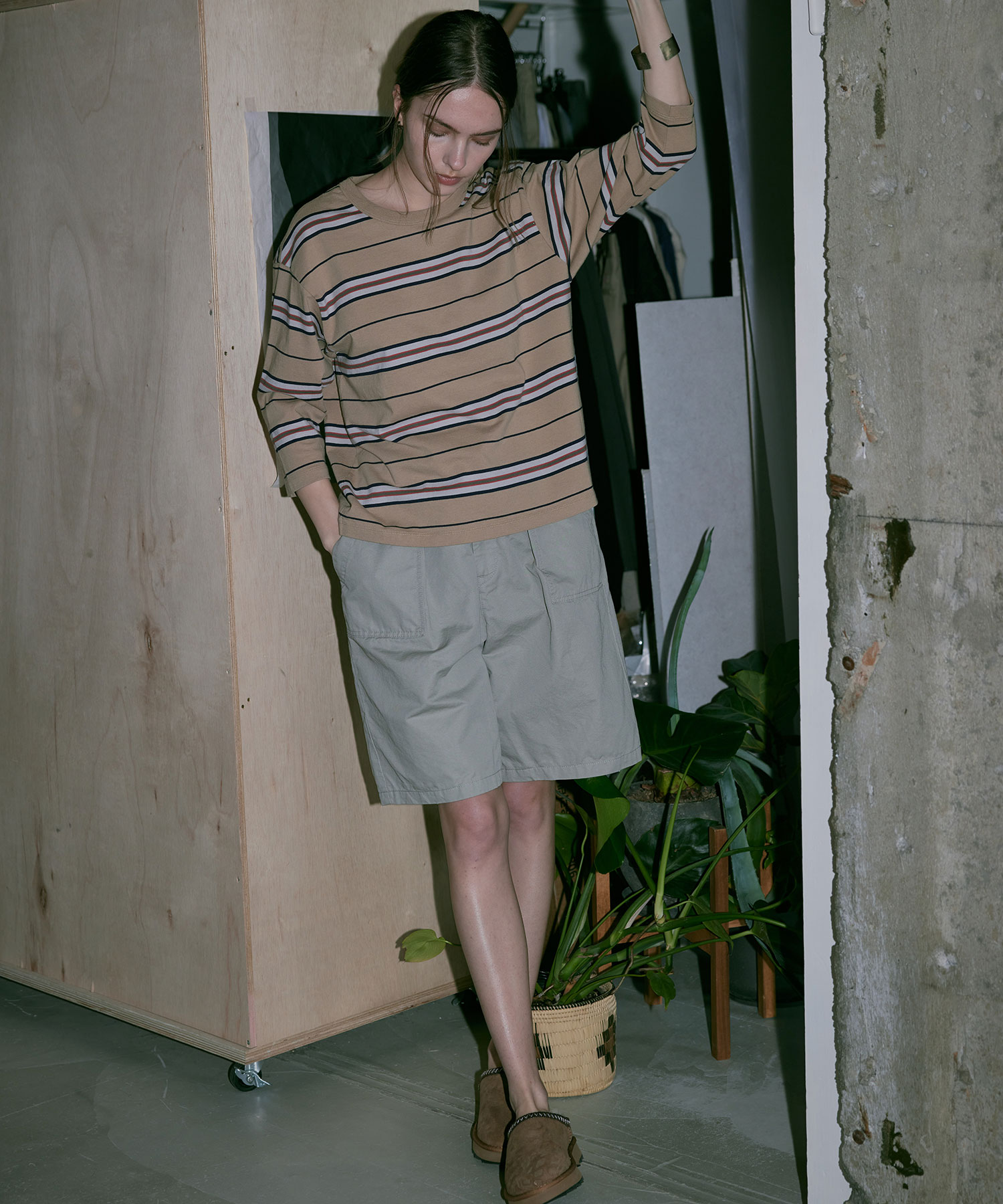 T1014 コットンリネンワークハーフパンツ